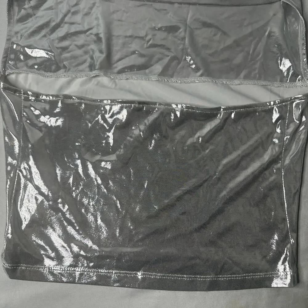 Y2K Silver Metallic Halter Cowl Neck Top Liquid Shine Going Out Party - Picture 13 of 14